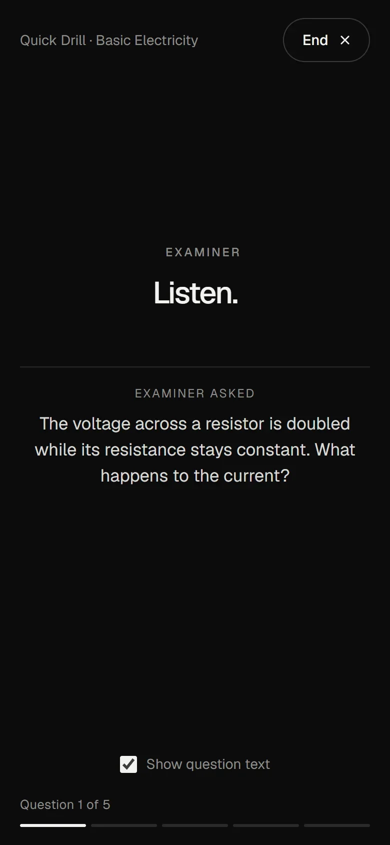 DMEReady on a phone: the examiner has just asked a follow-up question about voltage and current.