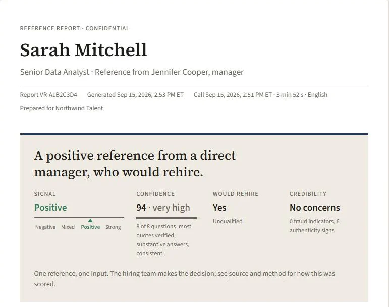 The top of a VoiceRef reference report: overall signal, confidence, would-rehire answer and credibility.